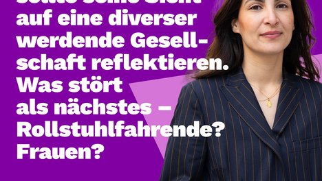 Wer Vielfalt als Störung wahrnimmt, sollte seine Sicht auf eine diverser wedede Gesellschaft reflektieren. Was stört als nächstes - Rollstuhlfahrende? Frauen? Hila Latifi. Logo: Die Linke Hamburg