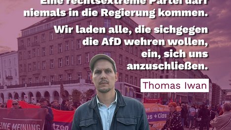 44 Prozent für die AfD sind ein deutliches Alarmsignal. Eine rechtsextreme Partei darf niemals in die Regierung kommen. Wir laden alle, di sich gegen die AfD wehre wollen, ein, sich uns anszuschließen. Thomas Iwan. Logo: Die Linke Hamburg.